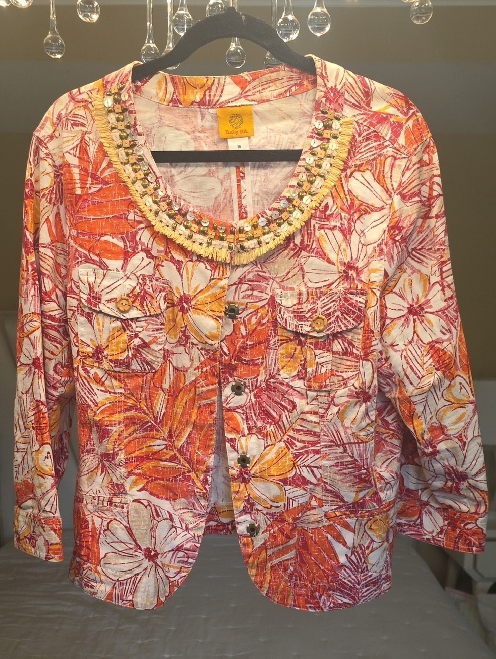 Ruby Rd. Beaded Tropical Floral Blazer in Orange, Yellow, Purple Tan & White 18